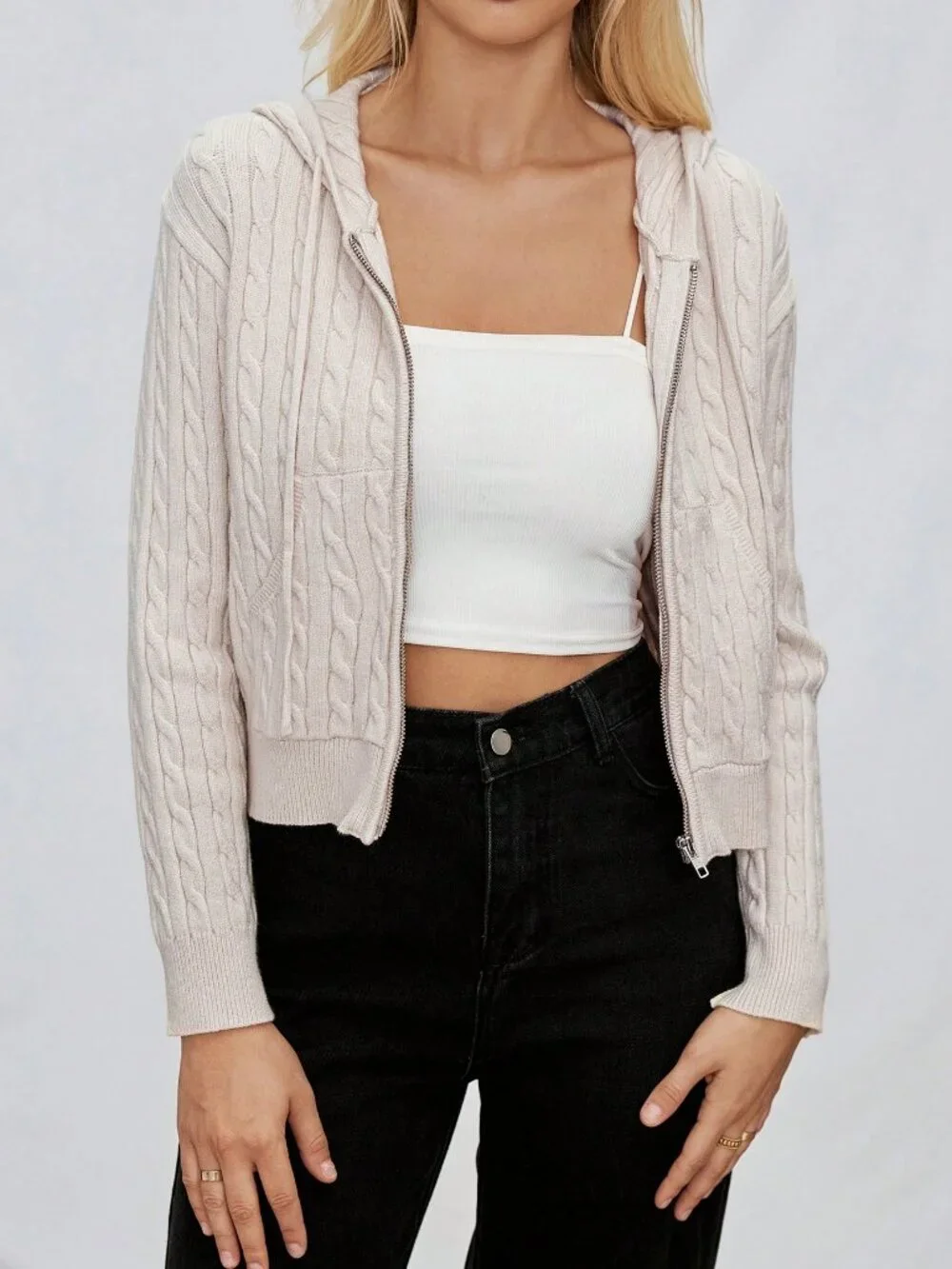 Casual Women's Cable Knit Zip-Up Hooded Cardigan with pockets
